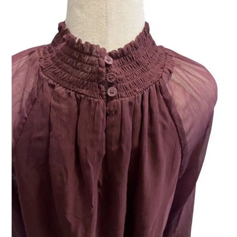 Joie Designer Womens Long Sleeved Smock Top Blouse Large Burgundy Polyester - Picture 8 of 13